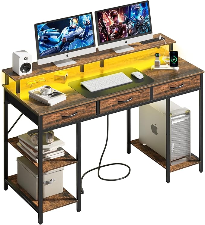 Yoobure Computer Desk with Drawers, Office Desk with LED Lights & Outlets, Small Desk with Storage Shelves, Gaming Desk 48" Home Office Desks with Monitor Stand, Writing Desk for Bedroom Small Spaces - LeafyLoom