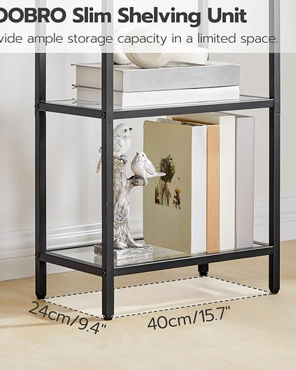 HOOBRO 5-Tier Bookcase, Metal Bookshelf, Tempered Glass Bookshelves, Slim Shelving Unit for Living Room, Narrow Bookshelf for Small Spaces, Storage Rack Display Shelf for Home Office, Black BK45SJ01 - LeafyLoom