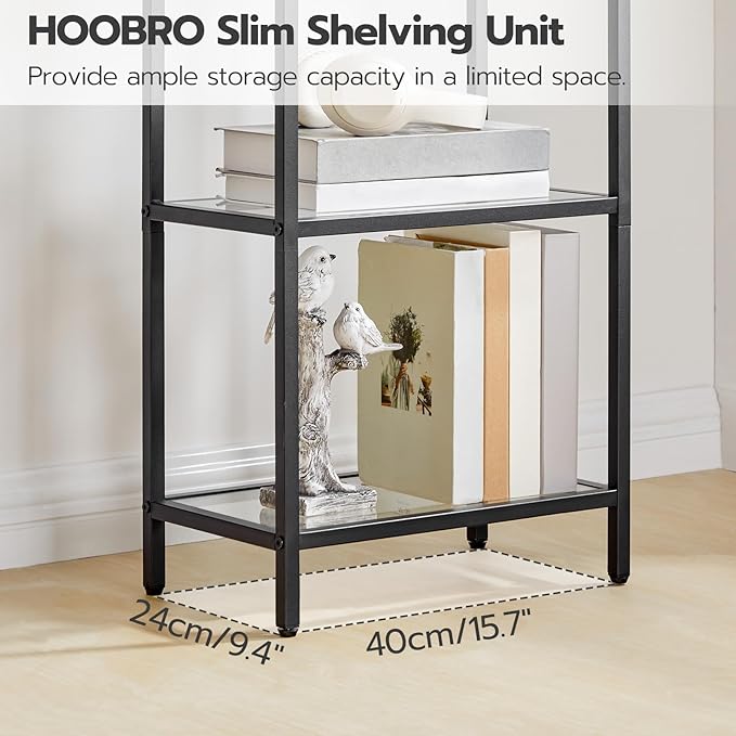 HOOBRO 5-Tier Bookcase, Metal Bookshelf, Tempered Glass Bookshelves, Slim Shelving Unit for Living Room, Narrow Bookshelf for Small Spaces, Storage Rack Display Shelf for Home Office, Black BK45SJ01 - LeafyLoom