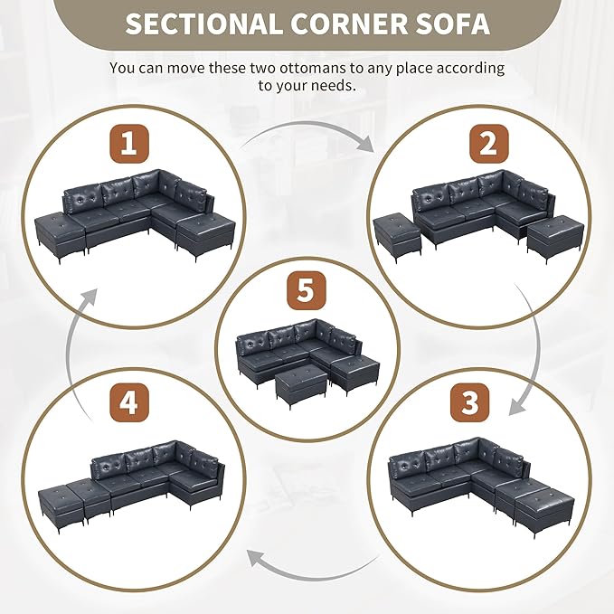 94.88" PU Leather L Shaped Sofa with Reversible Chaise Lounge, Storage Ottoman, Button Tufted Backrest&Cushion, 6-Seater Upholstered Corner Sectional Couches for Living Room Office Apartment - LeafyLoom