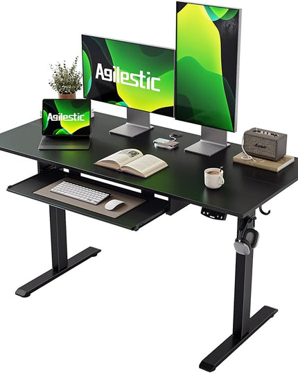 Height Adjustable Desk with Keyboard Tray, 48 x 24 Inches Electric Standing Desk, Stand up Computer Table with Memory Preset, Gaming Modern Lift Motorized Gaming Workstation, Black - LeafyLoom