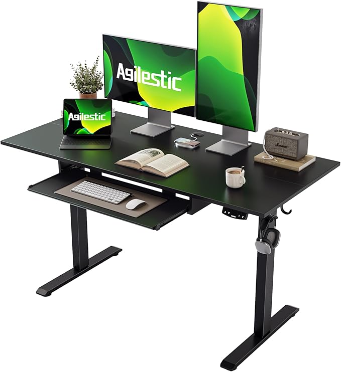 Height Adjustable Desk with Keyboard Tray, 48 x 24 Inches Electric Standing Desk, Stand up Computer Table with Memory Preset, Gaming Modern Lift Motorized Gaming Workstation, Black - LeafyLoom