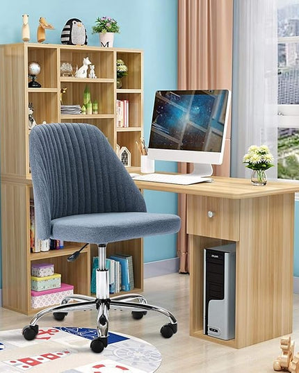 HOMEFLA Home Office Modern Linen Swivel Task Upholstered Fabric Desk Chair Armless with Wheels, Middle, Blue - LeafyLoom