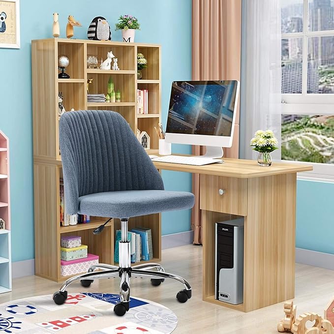 HOMEFLA Home Office Modern Linen Swivel Task Upholstered Fabric Desk Chair Armless with Wheels, Middle, Blue - LeafyLoom