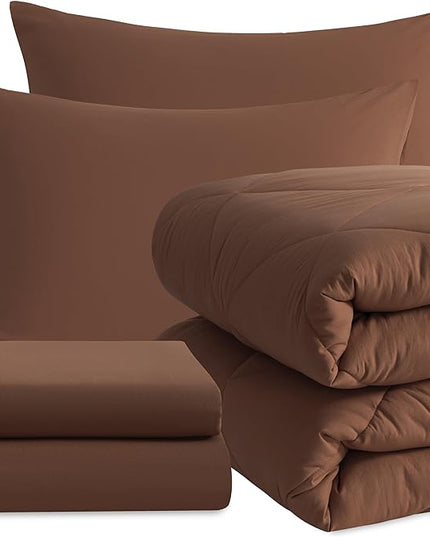 NTBAY Twin Comforter Set with Sheets, 5 Pieces Soft and Breathable Twin Bedding Set, Twin Bed in a Bag, Down Alternative Comforter Set Solid Color All Season, Kids Bedding Set, Brown - LeafyLoom