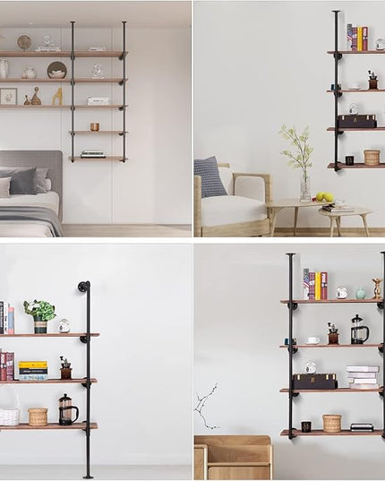 Pynsseu Industrial Iron Pipe Shelf Wall Mount, Farmhouse DIY Open Bookshelf, Pipe Shelves for Kitchen Bathroom, bookcases Living Room Storage, 2Pack of 4 Tier - LeafyLoom