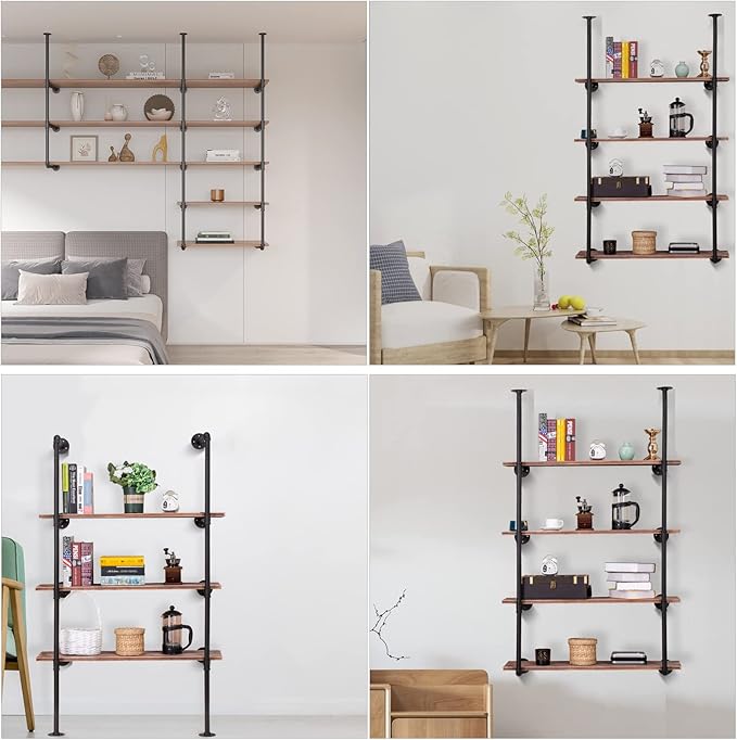Pynsseu Industrial Iron Pipe Shelf Wall Mount, Farmhouse DIY Open Bookshelf, Pipe Shelves for Kitchen Bathroom, bookcases Living Room Storage, 2Pack of 4 Tier - LeafyLoom