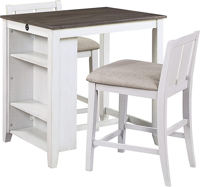NicBex Small Dining Table for 2 Dining Modern Table and Chairs 3-Piece Pack Counter Height Set Table with Display Shelf USB Ports and 2X Counter Height Chairs, White - LeafyLoom