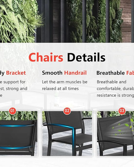 FDW 3 Pieces Patio Furniture Set, Outdoor Garden Patio Conversation Sets with Glass Top Table & 2 Lawn Chairs Outdoor Bistro Set, for Backyard Lawn Porch Garden Poolside Balcony - LeafyLoom