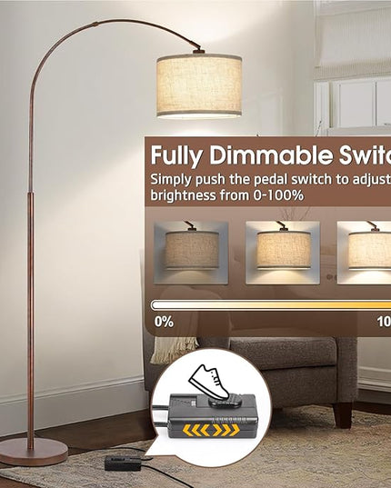 Dimmable Arc Floor Lamps for Living Room, Mid Century Floor Lamp, Antique Bronze Standing Lamp with Adjustable Hanging Shade, Tall Pole Lamp Reading Light for Bedroom, Over Couch, 9W LED Bulb Included - LeafyLoom