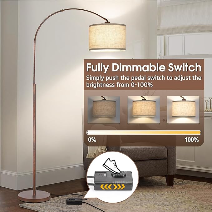 Dimmable Arc Floor Lamps for Living Room, Mid Century Floor Lamp, Antique Bronze Standing Lamp with Adjustable Hanging Shade, Tall Pole Lamp Reading Light for Bedroom, Over Couch, 9W LED Bulb Included - LeafyLoom