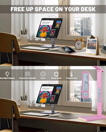LED Desk Lamp Wireless Charger: Pink Office Table Lamps with USB Port, Reading Lamp for Home with Clock Alarm Temperature | Desk Light with Night Light, Eye-caring Smart Lamp for Dorm College - LeafyLoom