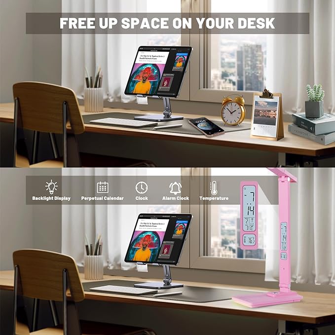 LED Desk Lamp Wireless Charger: Pink Office Table Lamps with USB Port, Reading Lamp for Home with Clock Alarm Temperature | Desk Light with Night Light, Eye-caring Smart Lamp for Dorm College - LeafyLoom