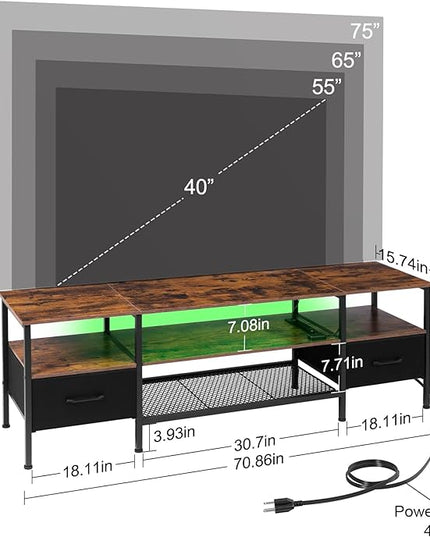 TV Stand for 50/55/60/65/70/75 inch TV, LED Entertainment Center with Charging Station, Long TV Table with Storage Drawer and Shelf, TV Console for Living Room Bedroom, Rustic Brown, HTS082BR - LeafyLoom