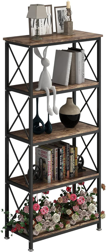 4NM Bookshelf 5 Tier Industrial Bookcase Home Office Adjustable Bookshelves Storage Shelves Organizer Vintage Book Shelf Display Rack for Living Room, Bedroom,Home (Rustic Brown and Black) - LeafyLoom