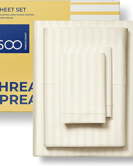 THREAD SPREAD Luxury Egyptian Cotton King Stripe Sheet Set, 600 Thread Count Extra Long Staple 4 PC Set, King Damask Sheets, Soft, Cooling Sateen Weave Striped Sheets Upto 18" Deep Pocket - Ivory - LeafyLoom