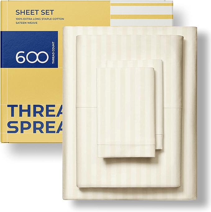 THREAD SPREAD Luxury Egyptian Cotton King Stripe Sheet Set, 600 Thread Count Extra Long Staple 4 PC Set, King Damask Sheets, Soft, Cooling Sateen Weave Striped Sheets Upto 18" Deep Pocket - Ivory - LeafyLoom