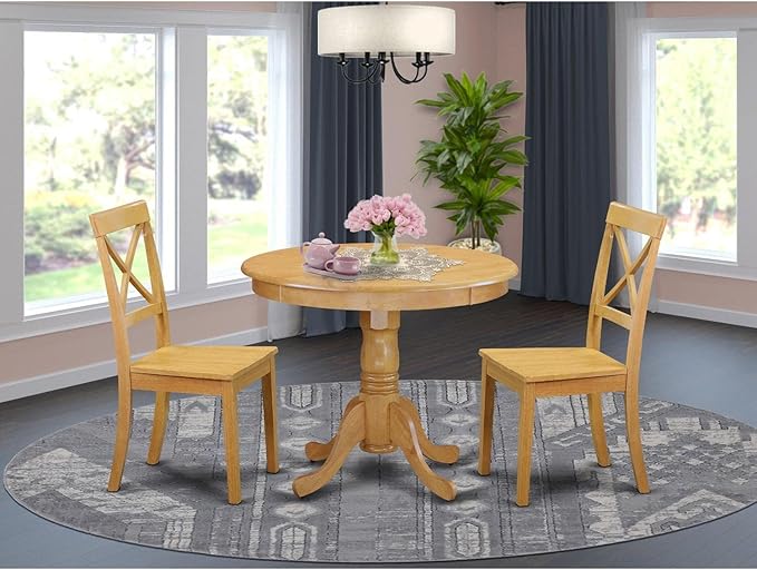 East West Furniture ANBO3-OAK-W Antique 3 Piece Modern Set Contains a Round Table with Pedestal and 2 Kitchen Dining Chairs, 36x36 Inch - LeafyLoom