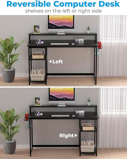 GreenForest Computer Desk with USB Charging Port and Power Outlet, Reversible Home Office Desk with Monitor Stand Storage Shelves for Small Space,47 in Work Desk with Cup Holder Hook,Black - LeafyLoom