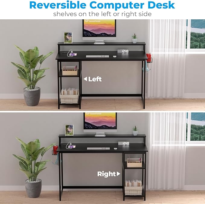 GreenForest Computer Desk with USB Charging Port and Power Outlet, Reversible Home Office Desk with Monitor Stand Storage Shelves for Small Space,47 in Work Desk with Cup Holder Hook,Black - LeafyLoom