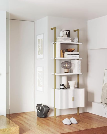 Nathan James Theo Mid-Century Modern Bookcase with Cabinet Fluted Texture, White Open Shelves and Brass Metal Frame Living Room, Home Office Storage - LeafyLoom