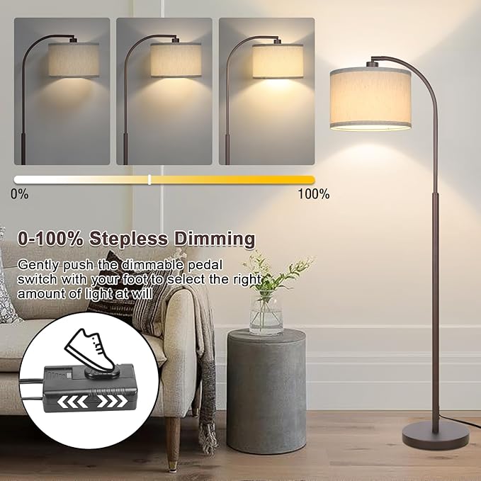Boncoo Dimmable Floor Lamp, Arc Standing Lamp with Stepless Dimmer, Brown Floor Lamp with Adjustable Linen Beige Shade for Living Room Bedroom Study Room Office, 9W 3000K LED Bulb Included - LeafyLoom