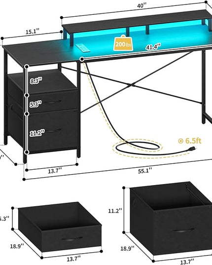 Yoobure Computer Desk, Gaming Desk with LED Lights & Power Outlets, Office Desk with Fabric File Cabinets, 55.1" Gaming Table with Long Monitor Stand, PC Gamer Desk with Drawers for Home office, Black - LeafyLoom
