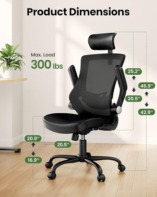 Marsail Office Chair Ergonomic Desk-Chair: Mesh Back Computer Chair with PU Leather Seat,Adjustable Lumbar Support&Flip-up Armrests, Adjustable Height Home Office Desk Chairs - LeafyLoom