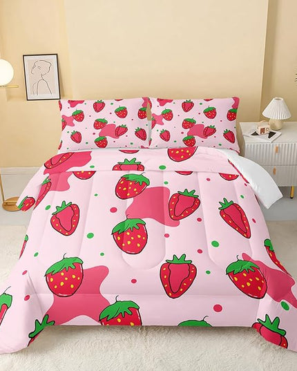 Kawaii Comforter Full,Pink Strawberry Comforter Set for Kids Teens Girls,3Pcs Bedding Set Printed Comforter with 2 Pillowcases,Down Alternative,Soft and Lightweight，Full Size - LeafyLoom