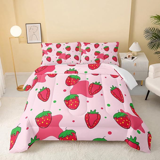 Kawaii Comforter Full,Pink Strawberry Comforter Set for Kids Teens Girls,3Pcs Bedding Set Printed Comforter with 2 Pillowcases,Down Alternative,Soft and Lightweight，Full Size - LeafyLoom