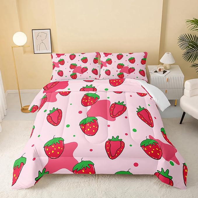 Kawaii Comforter Queen,Pink Strawberry Comforter Set for Kids Teens Girls,3Pcs Bedding Set Printed Comforter with 2 Pillowcases,Down Alternative,Soft and Lightweight，Queen Size - LeafyLoom