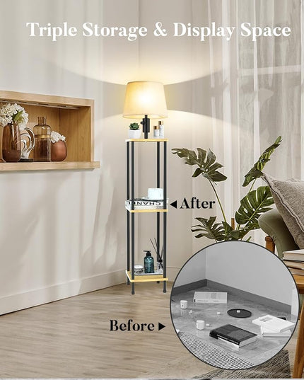60IN Dimmable (Brightness Adjustable) Floor Lamp with Shelves, 3-Tier Corner Standing Lamp with Fabric Shade, E26 Bulb, Storage Shelf Tall Lamp for Living Room, Bedroom - LeafyLoom