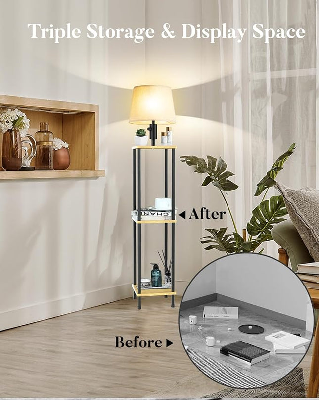 60IN Dimmable (Brightness Adjustable) Floor Lamp with Shelves, 3-Tier Corner Standing Lamp with Fabric Shade, E26 Bulb, Storage Shelf Tall Lamp for Living Room, Bedroom - LeafyLoom