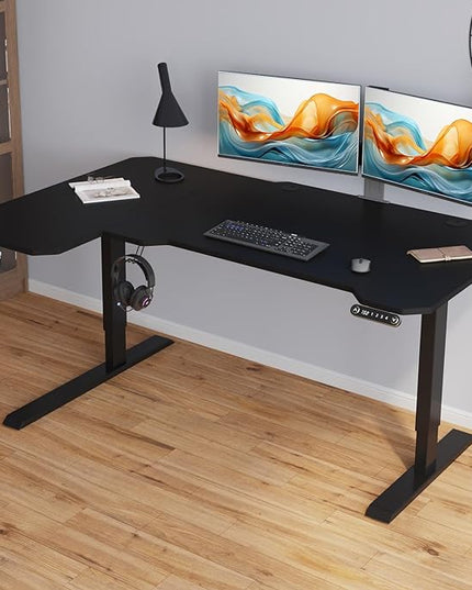 Adjustable Height L-Shaped Electric 59 Inch Sit-Stand Computer Desk with 3 Splice Boards, Lockable Casters-Ideal for Home Office, 59Inch, Black - LeafyLoom