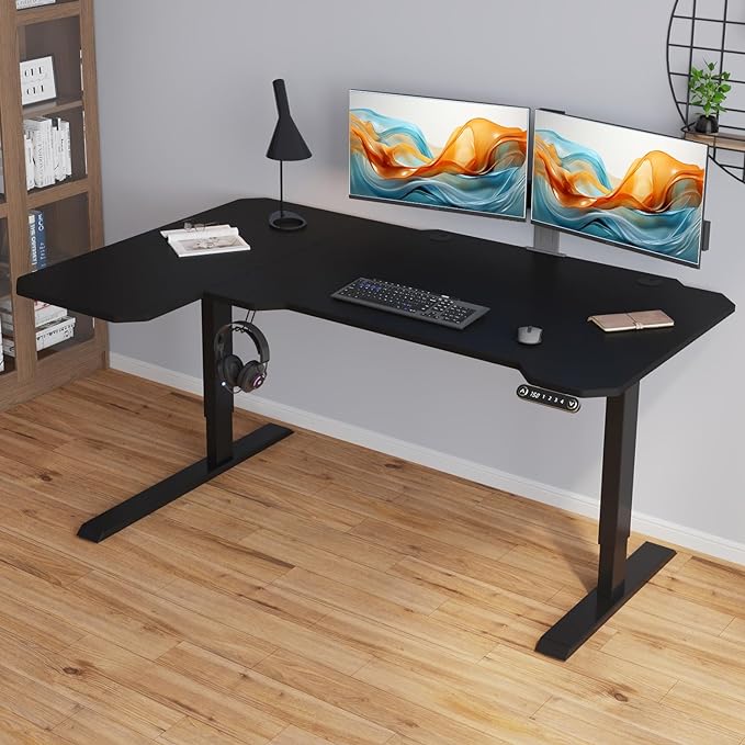 Adjustable Height L-Shaped Electric 59 Inch Sit-Stand Computer Desk with 3 Splice Boards, Lockable Casters-Ideal for Home Office, 59Inch, Black - LeafyLoom
