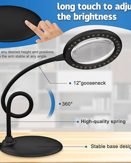 Magnifying Glass with Light and Stand, 5X Desk Magnifying Desk Lamp, Table Magnifier Lamp for Senior Close Work Reading Crafts - LeafyLoom