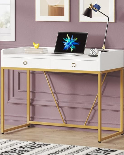 Tribesigns White Gold Computer Desk with 2 Drawers, Modern Desk 41.3 inch Simple Study Writing Desks with Storage, White Gold Makeup Vanity Desk for Home Office Bedroom Console Table - LeafyLoom