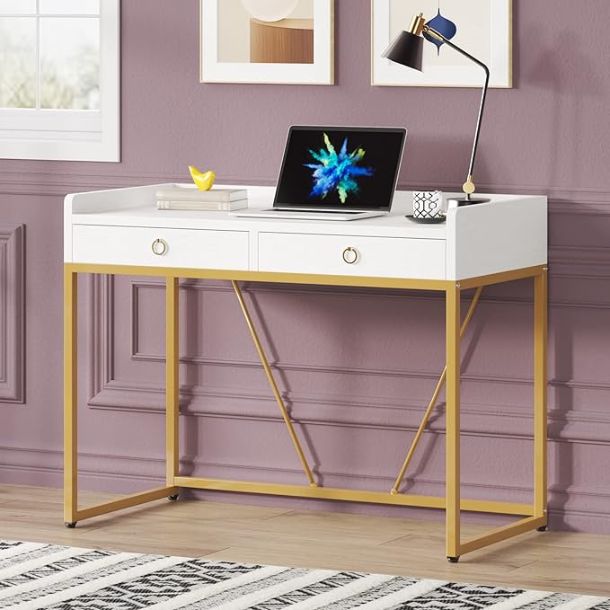 Tribesigns White Gold Computer Desk with 2 Drawers, Modern Desk 41.3 inch Simple Study Writing Desks with Storage, White Gold Makeup Vanity Desk for Home Office Bedroom Console Table - LeafyLoom