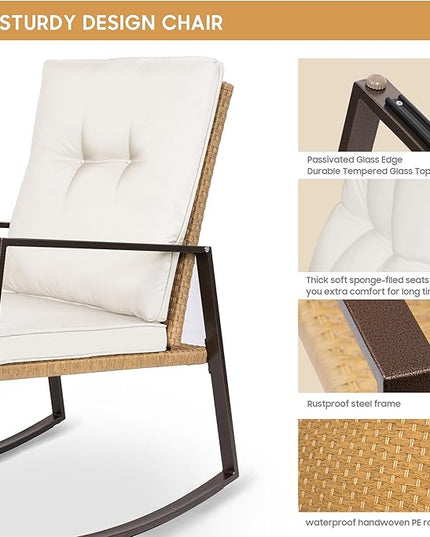 YIYAN 3 Pieces Patio Bistro Set Outdoor Rattan Wicker Rocking Chairs Set,Patio Outdoor Furniture Conversation Sets with Sofa Chairs,Glass Coffee Table and Washable cushion (Light Beige) - LeafyLoom