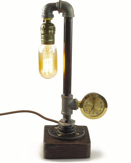Steampunk Lamp with Dimmer, Dimmable Loft Style Industrial Vintage Antique Style Light with Bulb, Wood Base with Iron Piping Desk Lamp, Retro Desk Lamp LL-035 - LeafyLoom