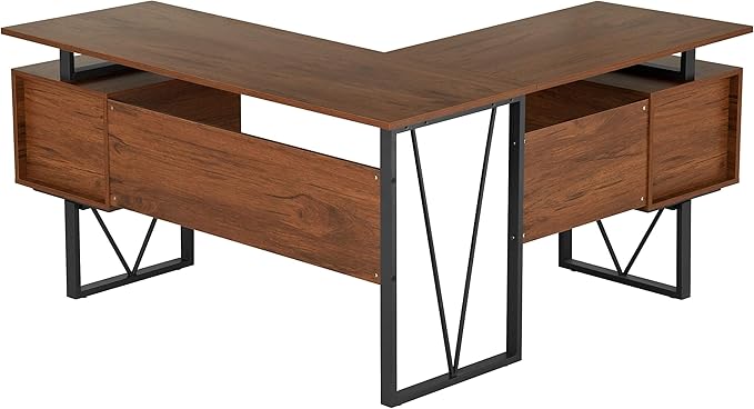 Techni Mobili Reversible Modern Versatile L Shaped Drawers and File Cabinet Home Office Desk, 59" W x 57.3" D x 30" H, Brown, Grey - LeafyLoom
