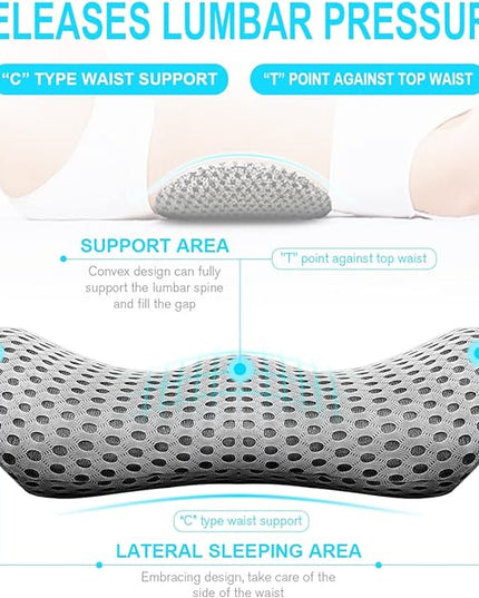 Lumbar Support Pillow - Memory Foam for Low Back Pain Relief, Ergonomic Streamline Car Seat, Office Chair, Recliner and Bed (Grey) - LeafyLoom