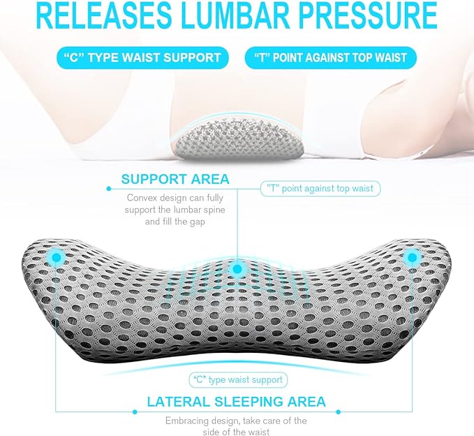 Lumbar Support Pillow - Memory Foam for Low Back Pain Relief, Ergonomic Streamline Car Seat, Office Chair, Recliner and Bed (Grey) - LeafyLoom