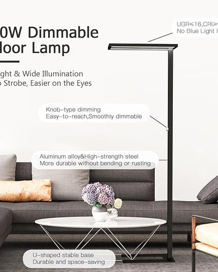 STERREN Eye-Care Led Floor Lamp,76'' Tall Office Floor Lamp, 80W Black Modern Free-Standing Lamp,10000LM Bright Reading Lamp for Study Room,Living Room,Meeting Room,4000K - LeafyLoom