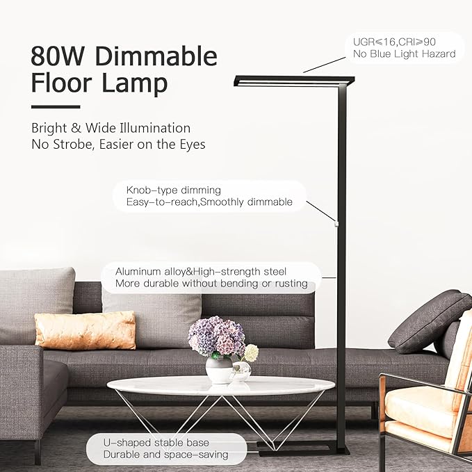 STERREN Eye-Care Led Floor Lamp,76'' Tall Office Floor Lamp, 80W Black Modern Free-Standing Lamp,10000LM Bright Reading Lamp for Study Room,Living Room,Meeting Room,4000K - LeafyLoom