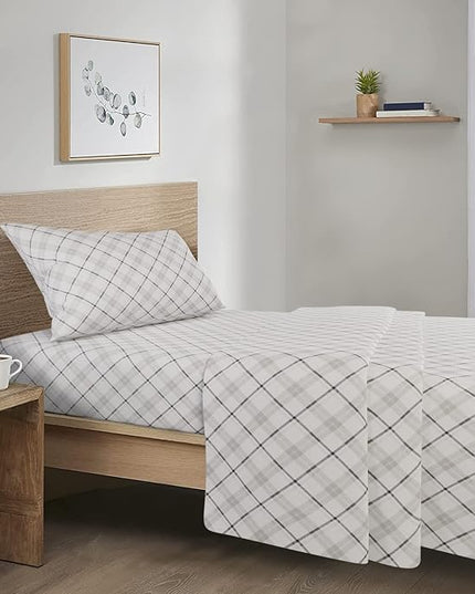 Comfort Spaces Cotton Flannel Breathable Warm Deep Pocket Sheets With Pillow Case Bedding, Twin, Grey Plaid, 3 Piece - LeafyLoom