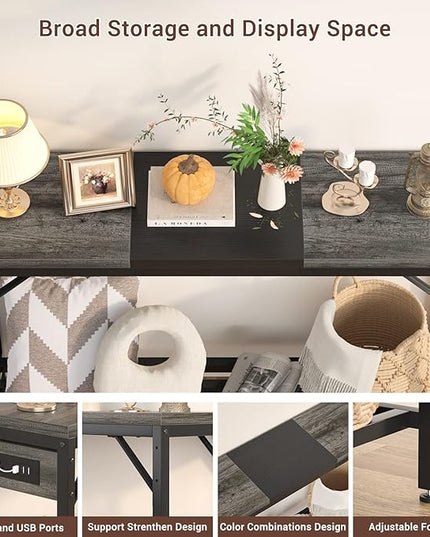 Narrow Console Table with Power Strips, Sofa Table with Storage Shelves for Living Room, 2-Tier Foyer Table for Entryway, Hallway, Behind Couch, Kitchen Counter, 39'', Grey Oak & Black - LeafyLoom