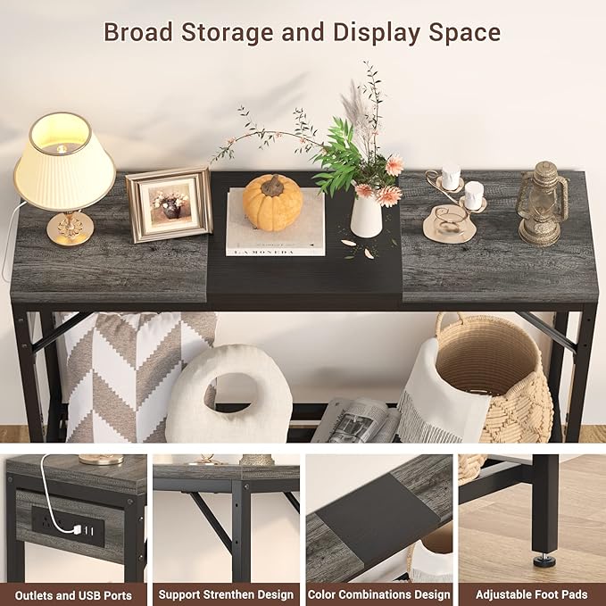 Narrow Console Table with Power Strips, Sofa Table with Storage Shelves for Living Room, 2-Tier Foyer Table for Entryway, Hallway, Behind Couch, Kitchen Counter, 39'', Grey Oak & Black - LeafyLoom
