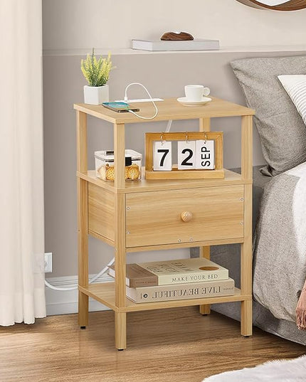 Lerliuo Nightstand with Charging Station and USB Ports, 3-Tier Storage End Table with Drawer Shelf, Night Stand for Small Spaces, Wood Bedside Table for Living Room, Bedroom - Natural Wood - LeafyLoom