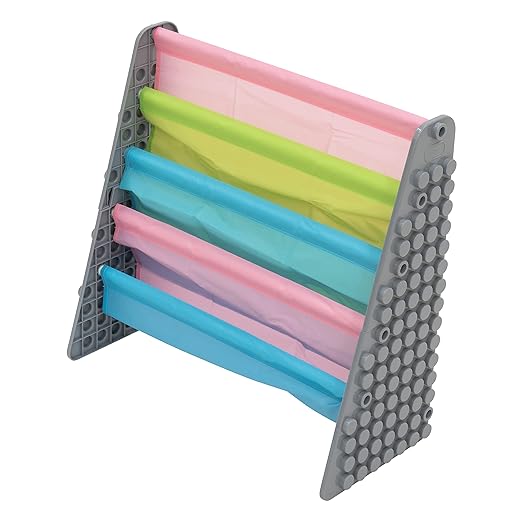 UNiPLAY Kids 4-Tier Book Storage Organizer with Sling Book Pockets, Plastic Sling Rack Bookshelf for Playroom, Fits Blocks, Gray/Pastel - LeafyLoom